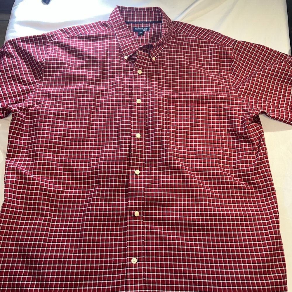 St Johns Bay Shirt Mens XXL Check Brick Plaid Short Sleeve Button Lightweight194